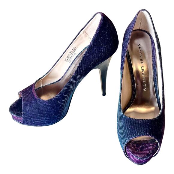 Chinese Laundry Platform Pumps Hot Spots Shoes Women Sz 6 Peep Toe Blue Purple - Picture 2 of 14